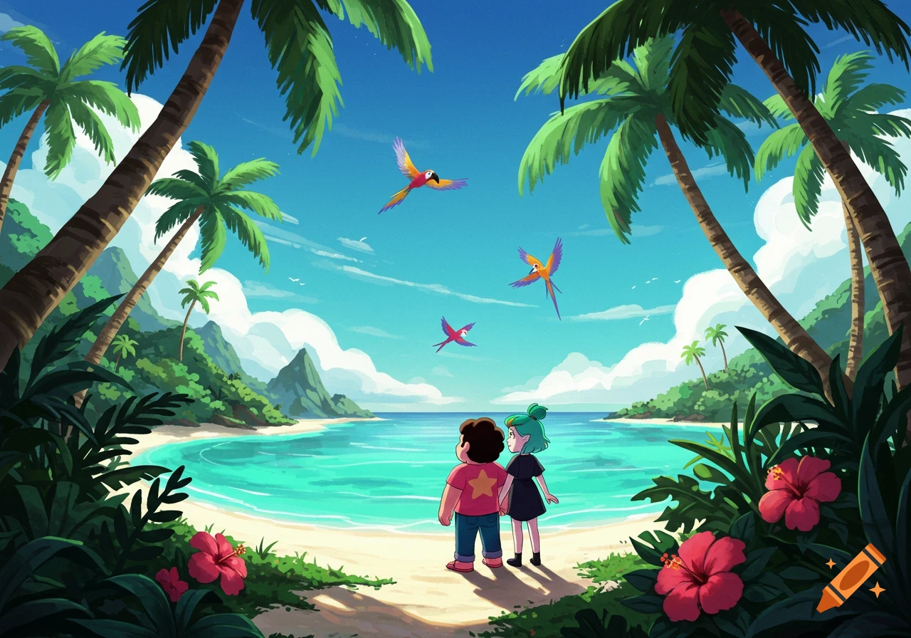 Steven Universe and Amity Blight stand on a tropical beach, looking out at the turquoise ocean under a bright blue sky with palm trees and red hibiscus flowers.