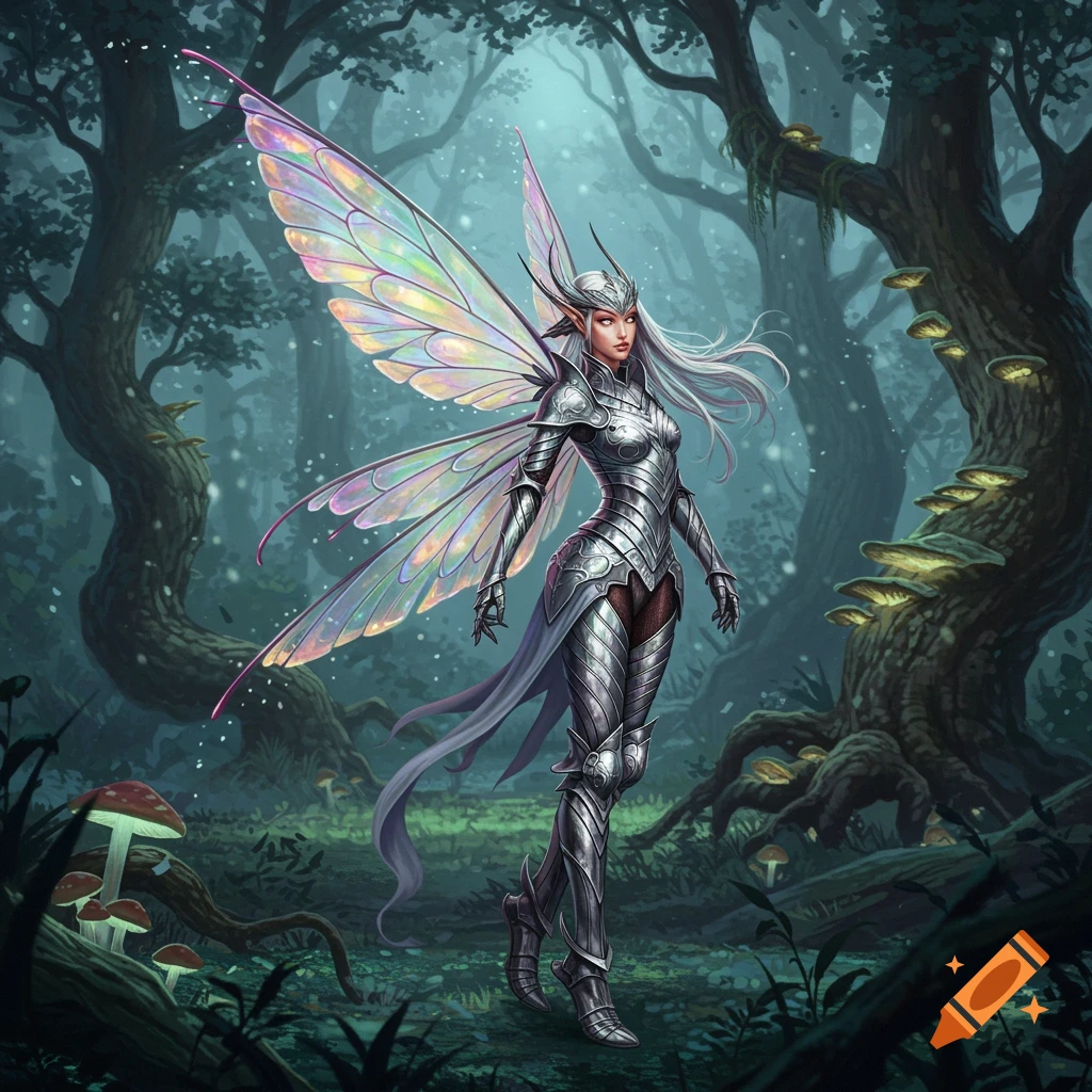 A female fairy in ornate silver armor with iridescent wings stands in a dark, mystical forest with glowing mushrooms.