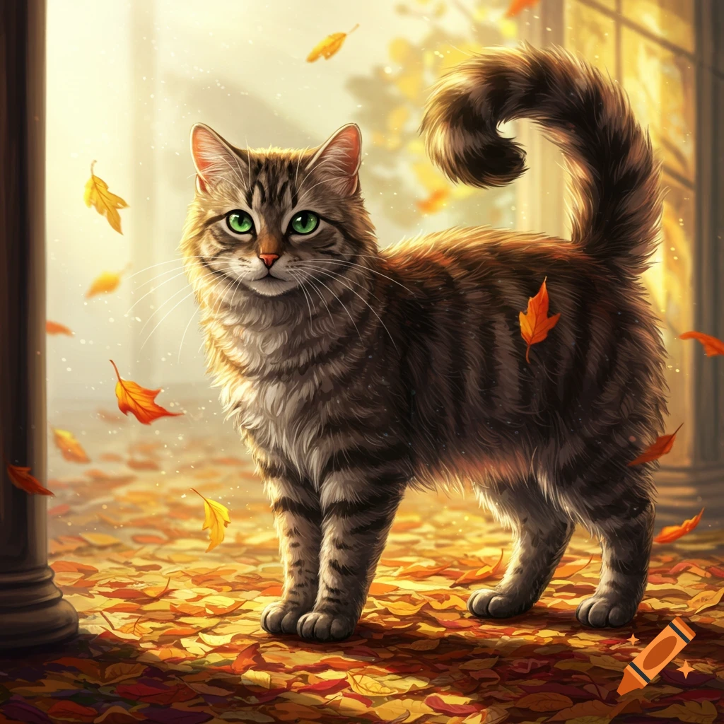 An artistically drawn fluffy tabby cat with green eyes stands amidst golden and orange autumn leaves, with more leaves falling around it.