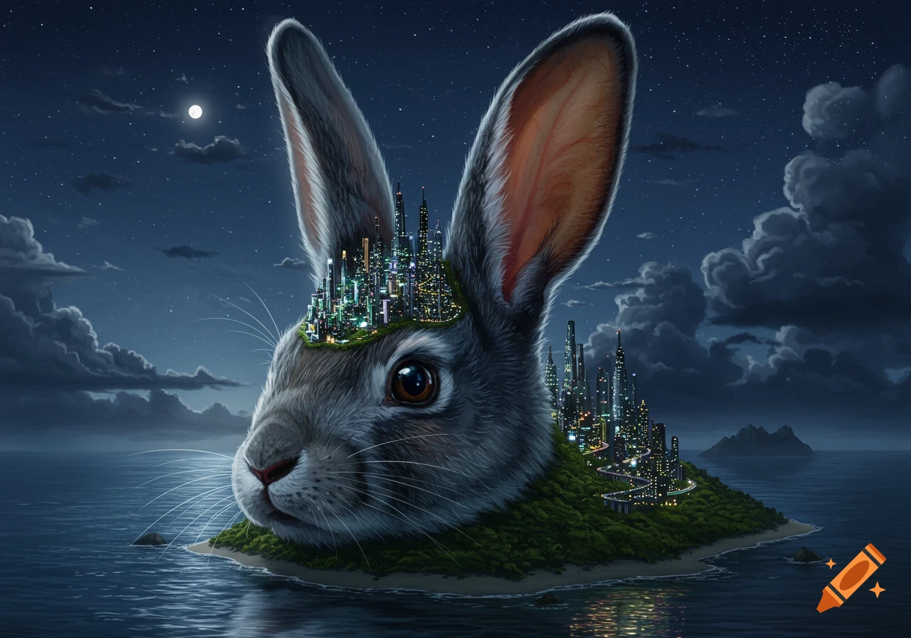 A giant rabbit head emerges from the ocean as an island, topped with a glowing cityscape at night under a moonlit sky.