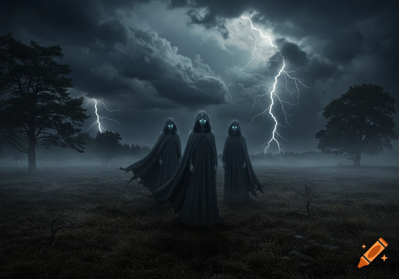 Three eerie hooded figures with glowing eyes stand in a dark, stormy, foggy field with lightning.