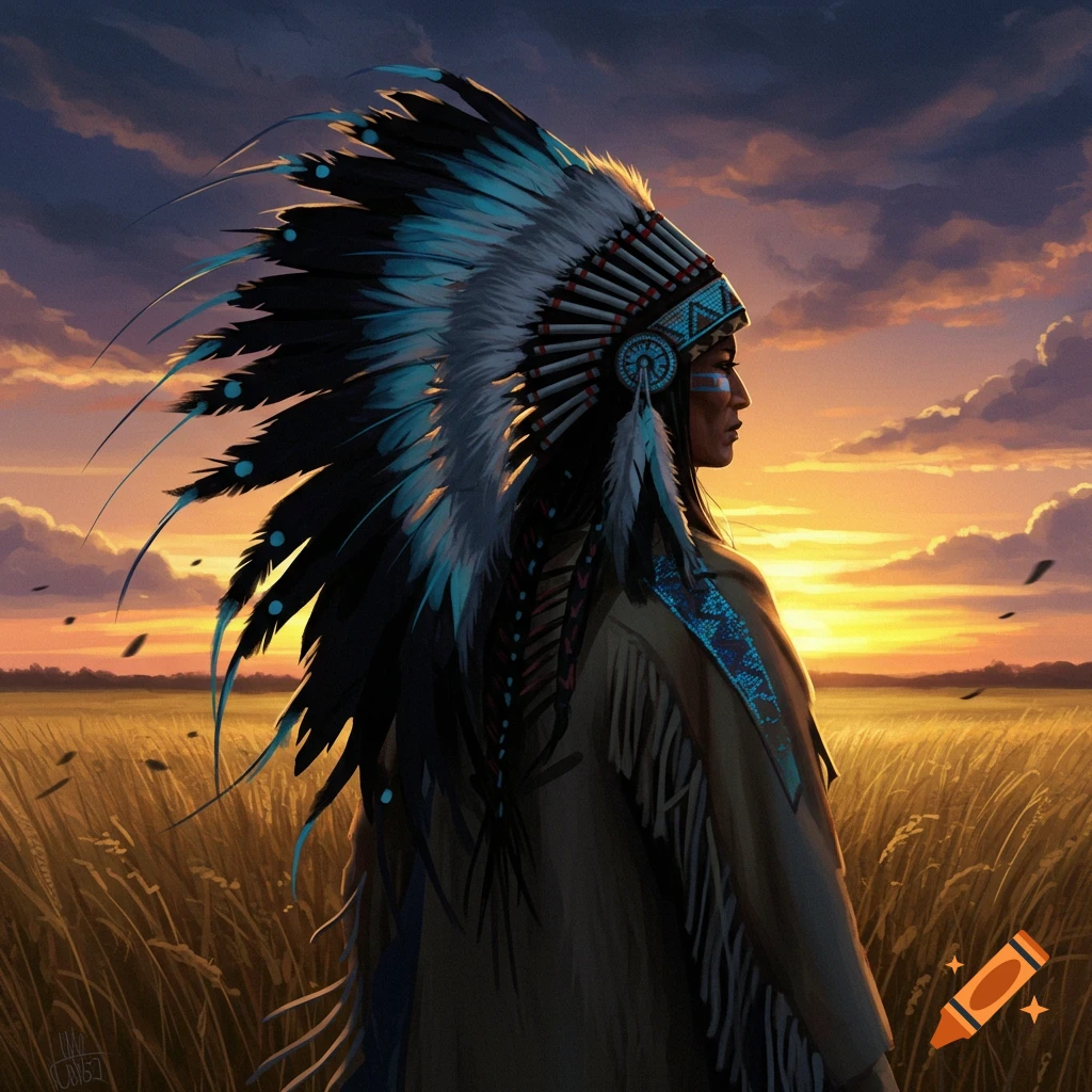 A stylized portrait of a Native American person wearing a large, ornate black and cyan feathered headdress, looking towards a vibrant sunset over a golden field.