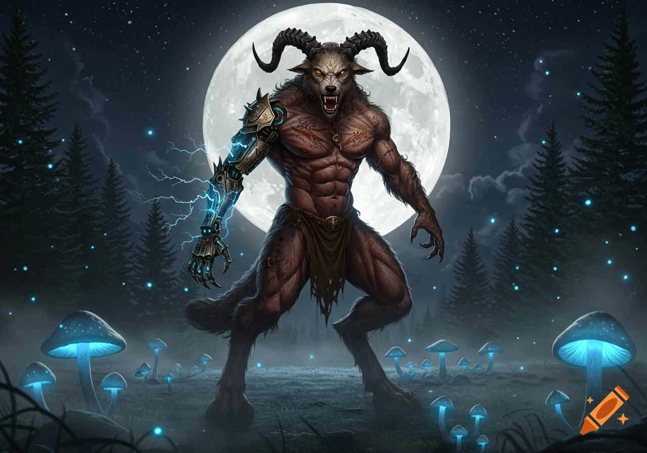 Muscular werewolf-goat creature with a glowing robotic arm, standing in a moonlit forest with blue bioluminescent mushrooms.