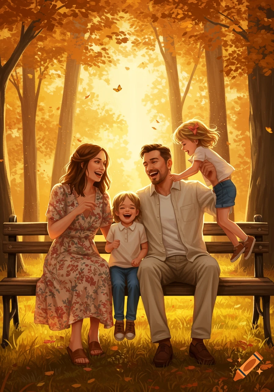 A happy family, mother, father, and two children, laughing on a park bench in an autumn forest bathed in golden light.