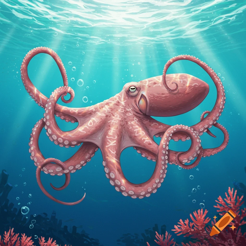 A pinkish-red octopus with intricate markings on its skin swims in clear blue water with sun rays beaming from the surface and red coral below.