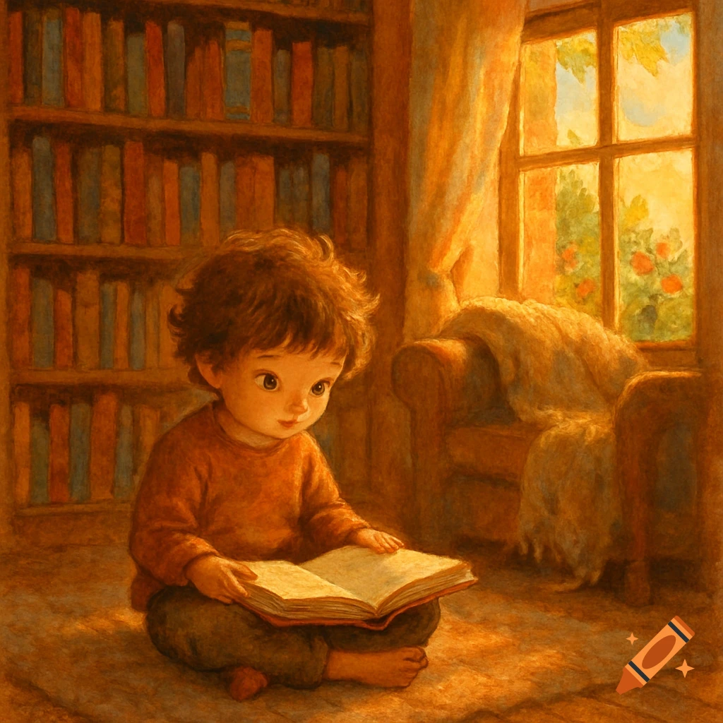 A child with curly hair sits on the floor reading a book in a cozy, warm room with a bookshelf and a sunlit window, in a painterly style.