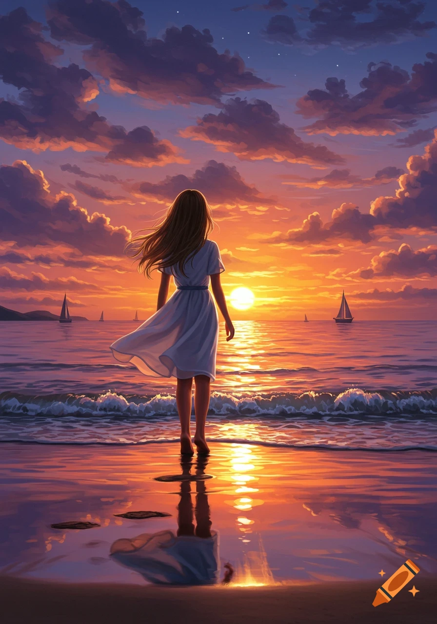 A woman stands on a beach looking at a colorful sunset over the ocean with sailboats in the distance, digital art.