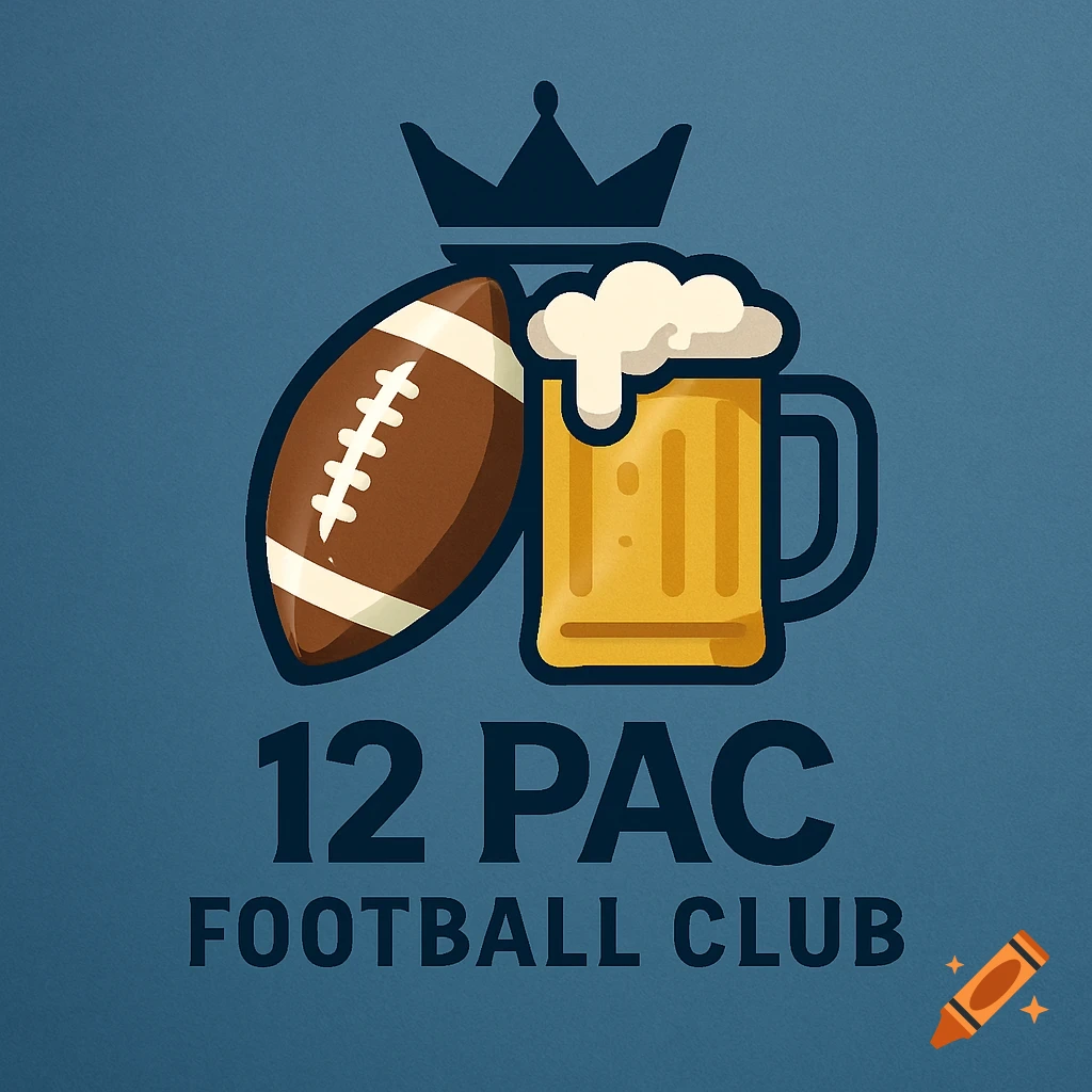 Logo for '12 PAC FOOTBALL CLUB' featuring a brown football, a golden beer mug with foam, and a dark crown on a blue background.