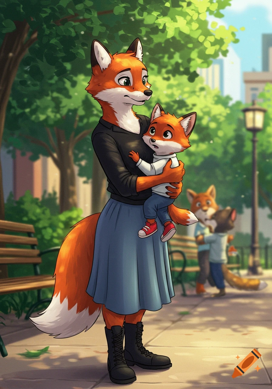 An anthropomorphic fox mother in a black shirt and blue skirt holds her fox son in a white sweatshirt in a park.