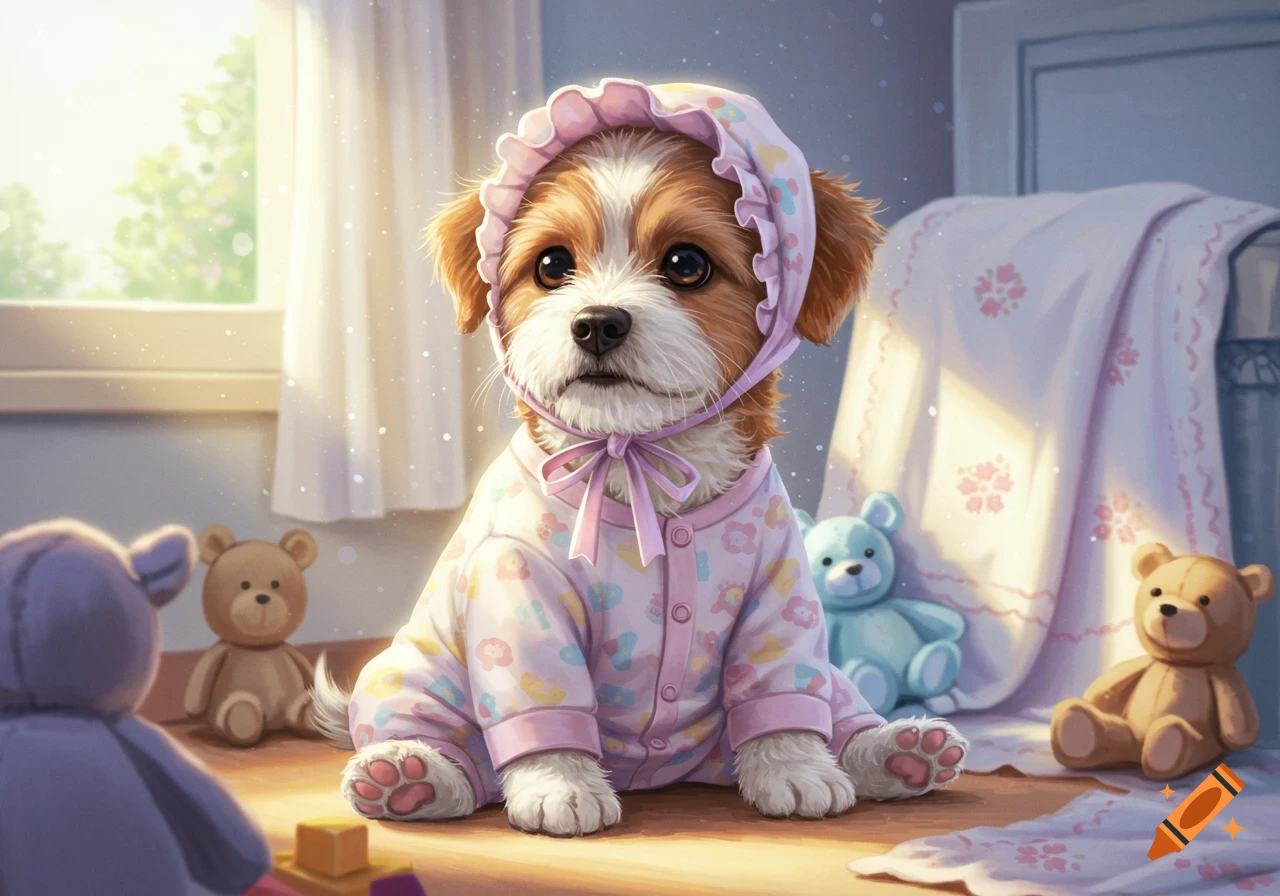 A fluffy puppy in pink baby pajamas and a bonnet sits on the floor surrounded by stuffed animals in a bright room.