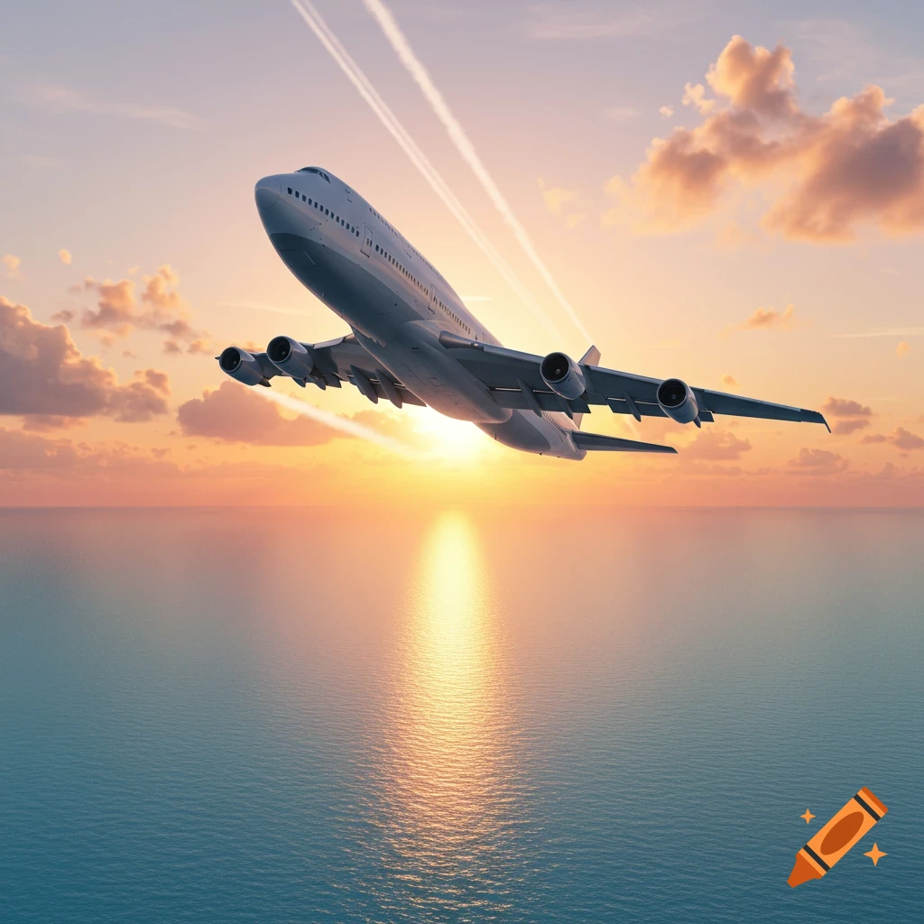 A photorealistic Boeing 747 airplane flying low over a calm ocean during a golden sunset, with contrails in the sky.