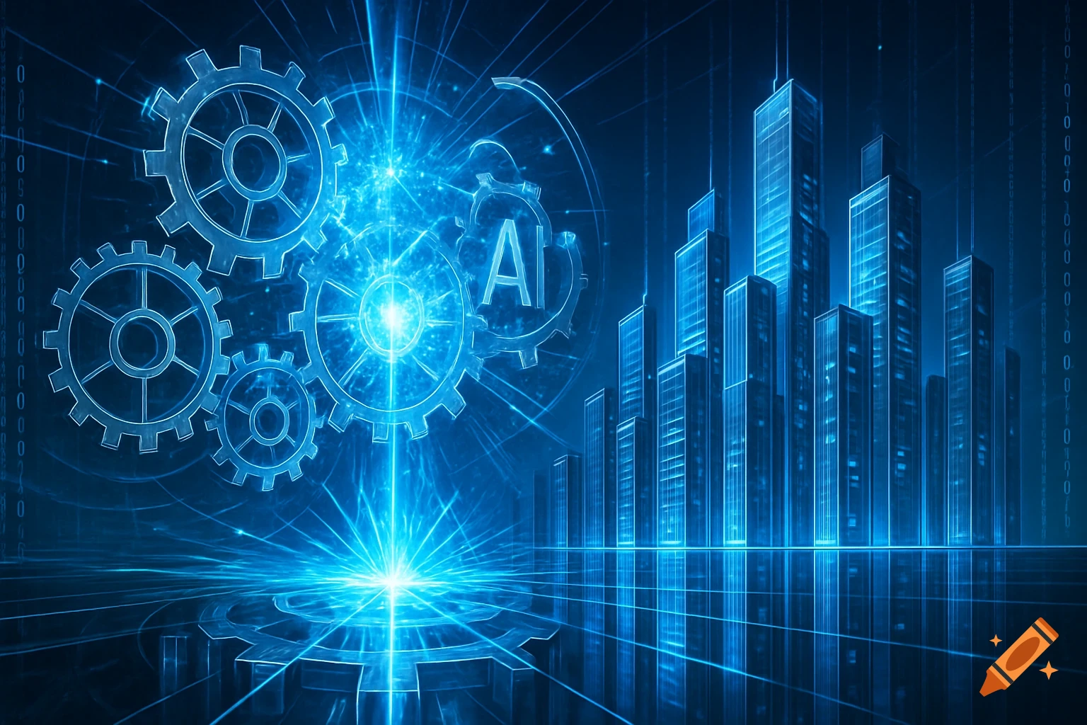 An abstract, futuristic blue image with glowing gears, geometric lines, binary code, skyscrapers, and the letters 'AI' at the center.
