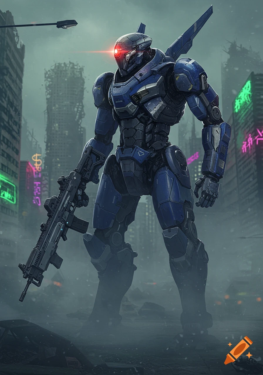 A large blue robot mech with a glowing red eye stands in a foggy, ruined city, holding an assault rifle. Neon signs glow in the background.