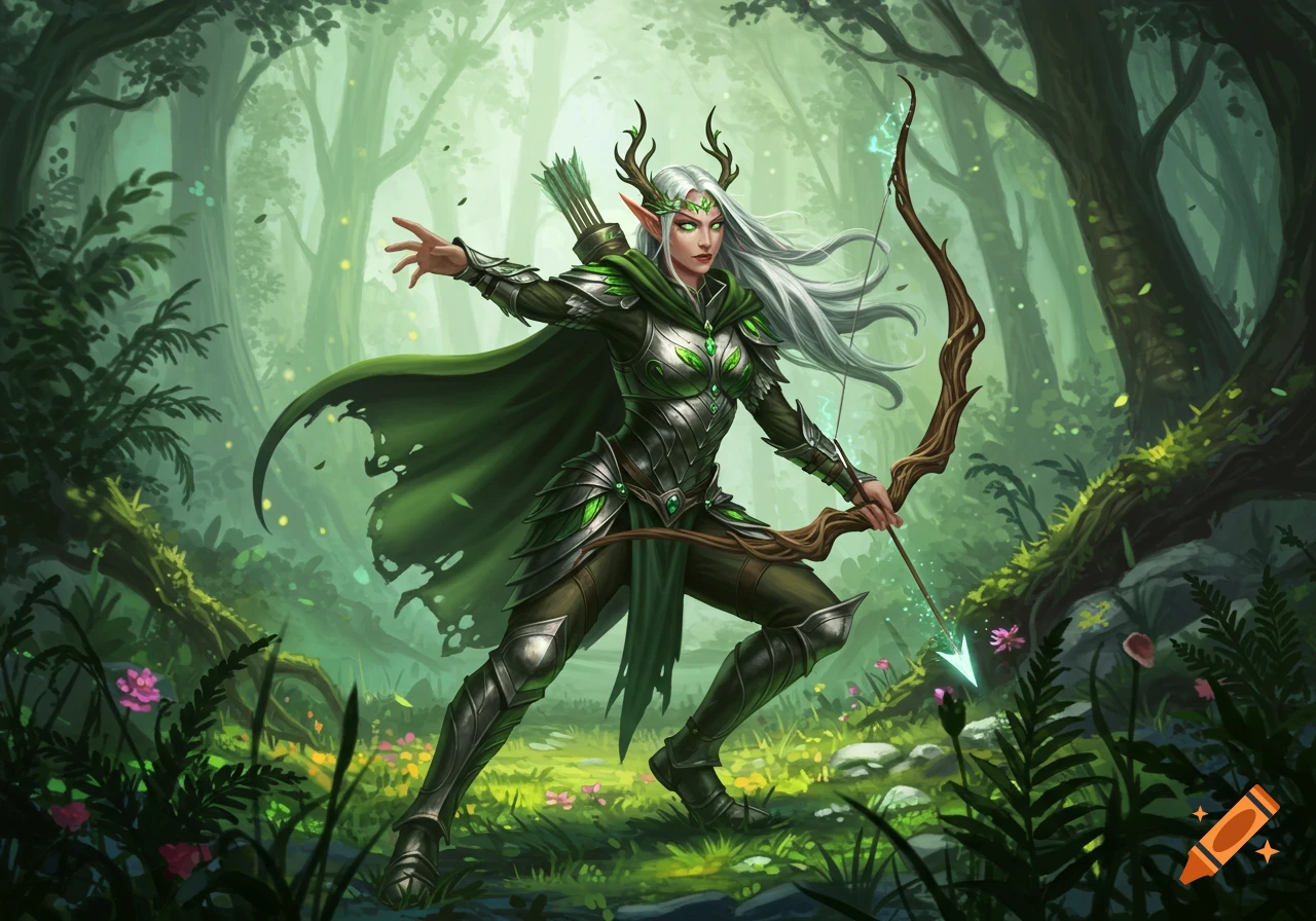 An elf warrior with white hair, green armor, and antler-like headpiece holds a bow in an enchanted forest, fantasy art style.