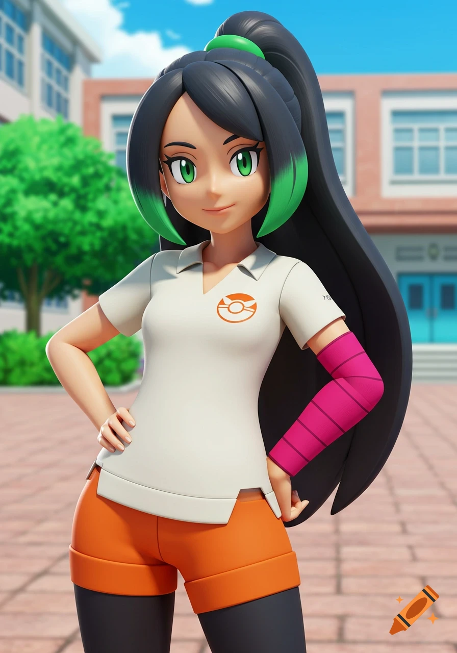 A 3D animated character, Nemona from Pok amon, stands confidently in a school courtyard, wearing a white shirt, orange shorts, and a magenta arm brace.