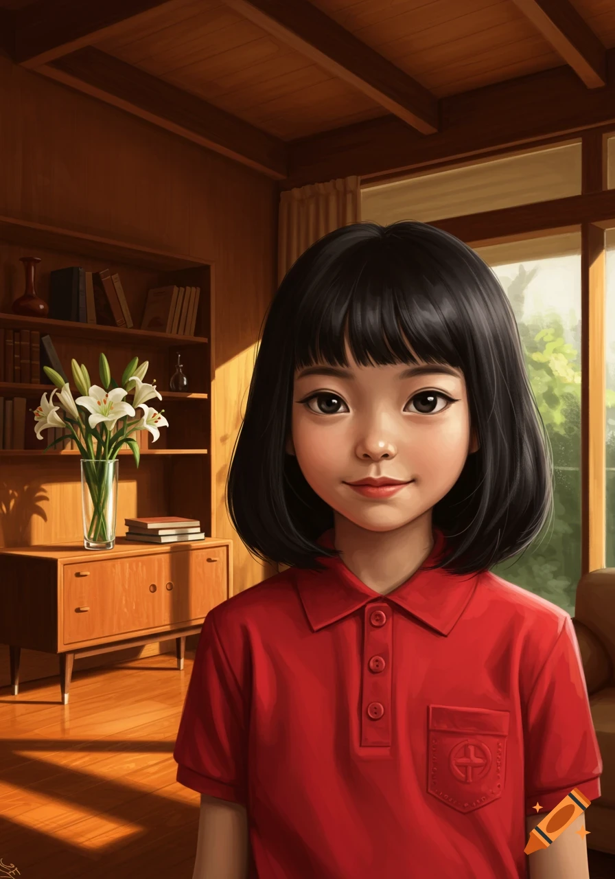 A smiling young girl with black bob-cut hair and bangs wears a red polo shirt, standing in a warm, sunlit room with a wooden bookshelf and white lilies.