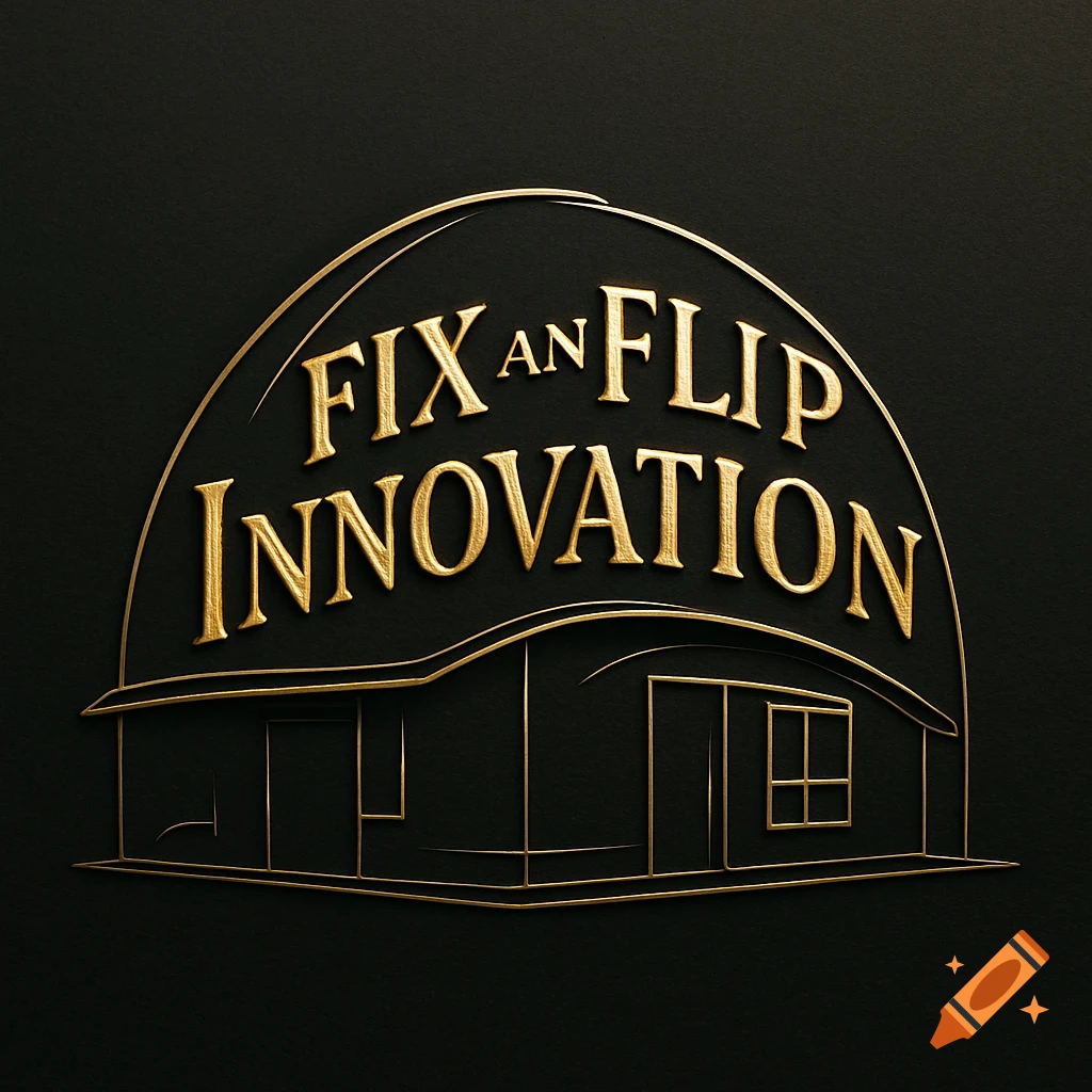 Gold embossed logo for "FIX an FLIP INNOVATION" with a stylized house outline on a dark background.