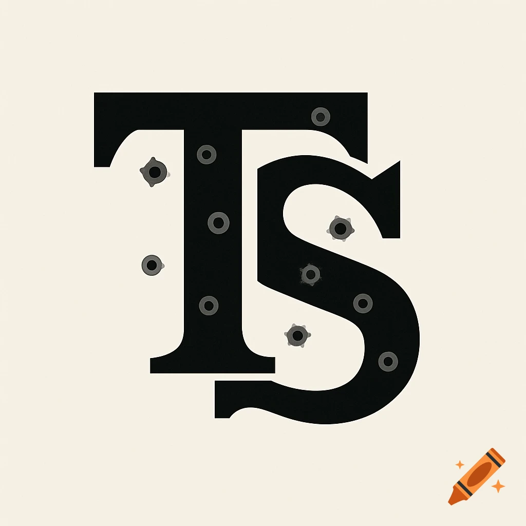 A black stylized capital letter T and a capital letter S, overlaid and filled with multiple bullet holes, on a light cream background.