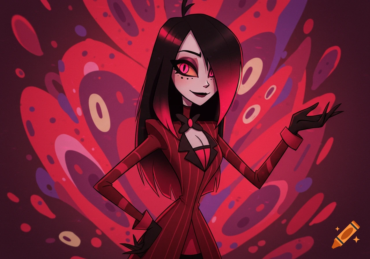A female character in the Hazbin Hotel style with black and pink hair, pink eyes, and a red pinstripe suit, gesturing against a swirling red background.