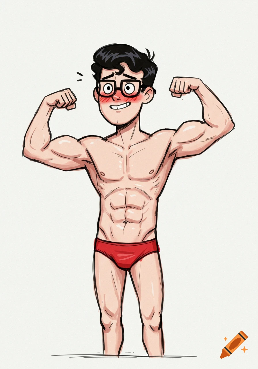 Cartoon sketch of Clark Kent from My Adventures With Superman, shirtless in a red speedo, flexing biceps and grinning shyly.