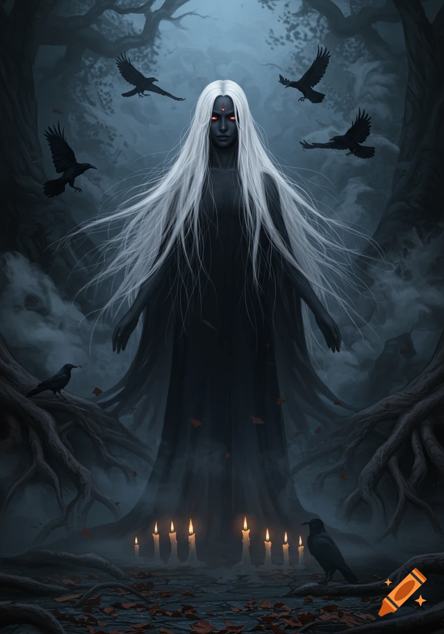 A mystical goddess-like figure with long white hair and red eyes stands in a dark, foggy forest with crows and lit candles.