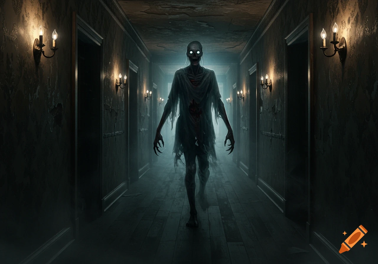 A terrifying zombie-like ghost with glowing eyes walks down a dark, decrepit hallway lit by sconces, creating a spooky atmosphere.