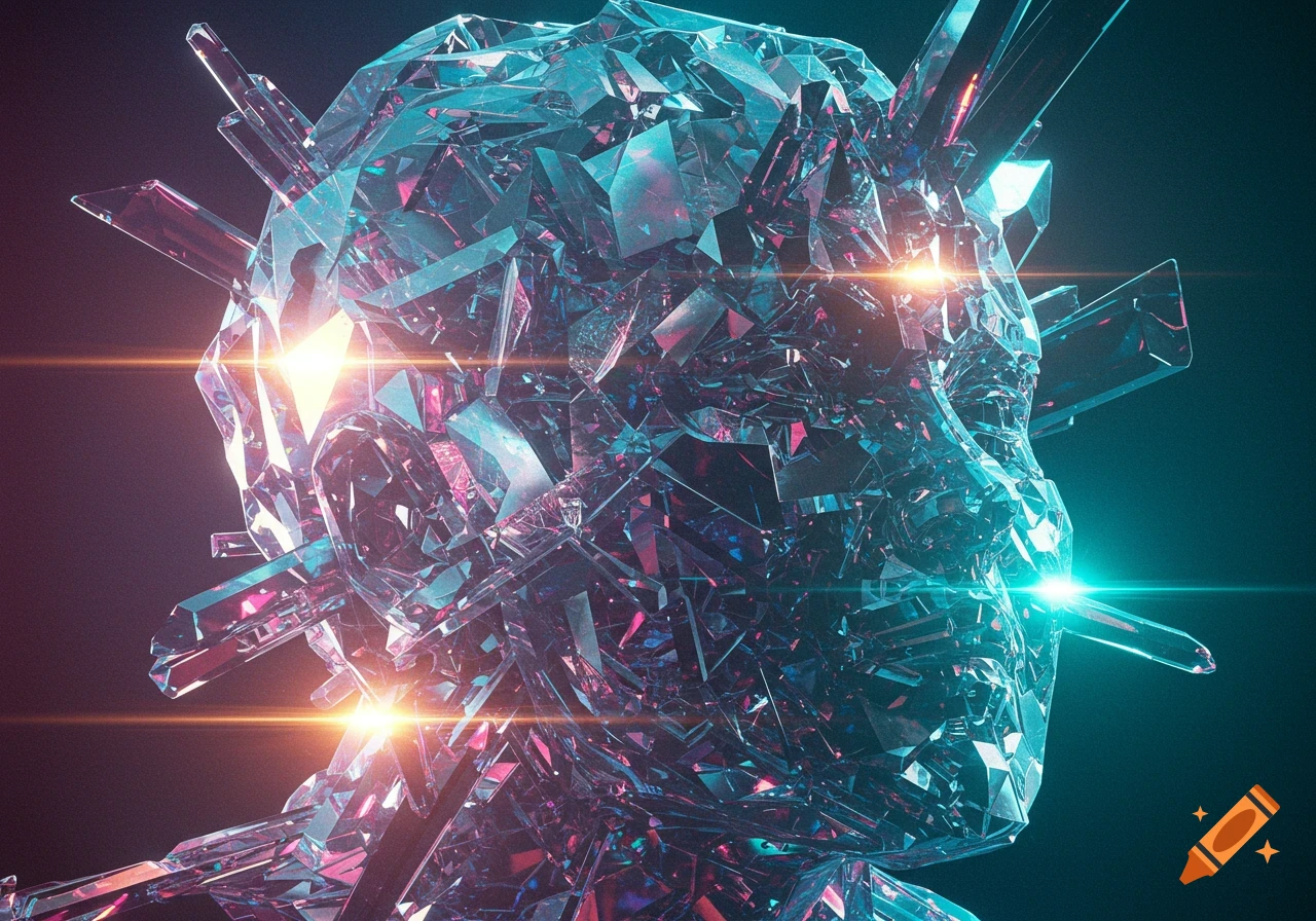 An abstract head-like sculpture made of jagged, translucent blue and pink crystals, illuminated by bright light flares.