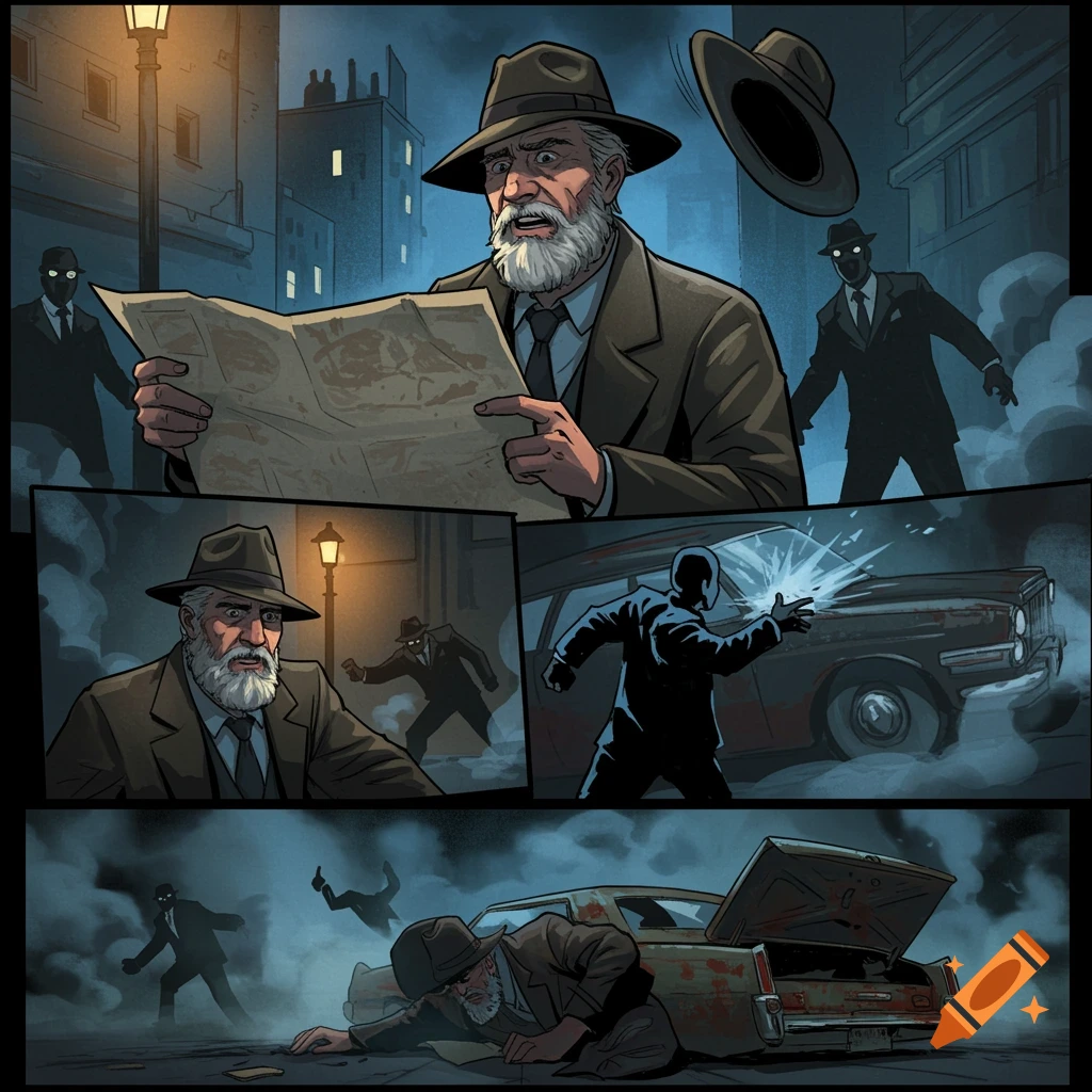 A comic strip showing a bearded private detective reading a map, then being knocked out by shadowy figures near a damaged car.