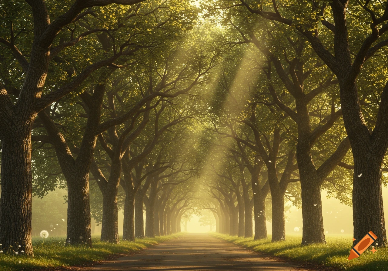A dirt road leading through an avenue of tall trees, with bright sunbeams filtering through the leaves.