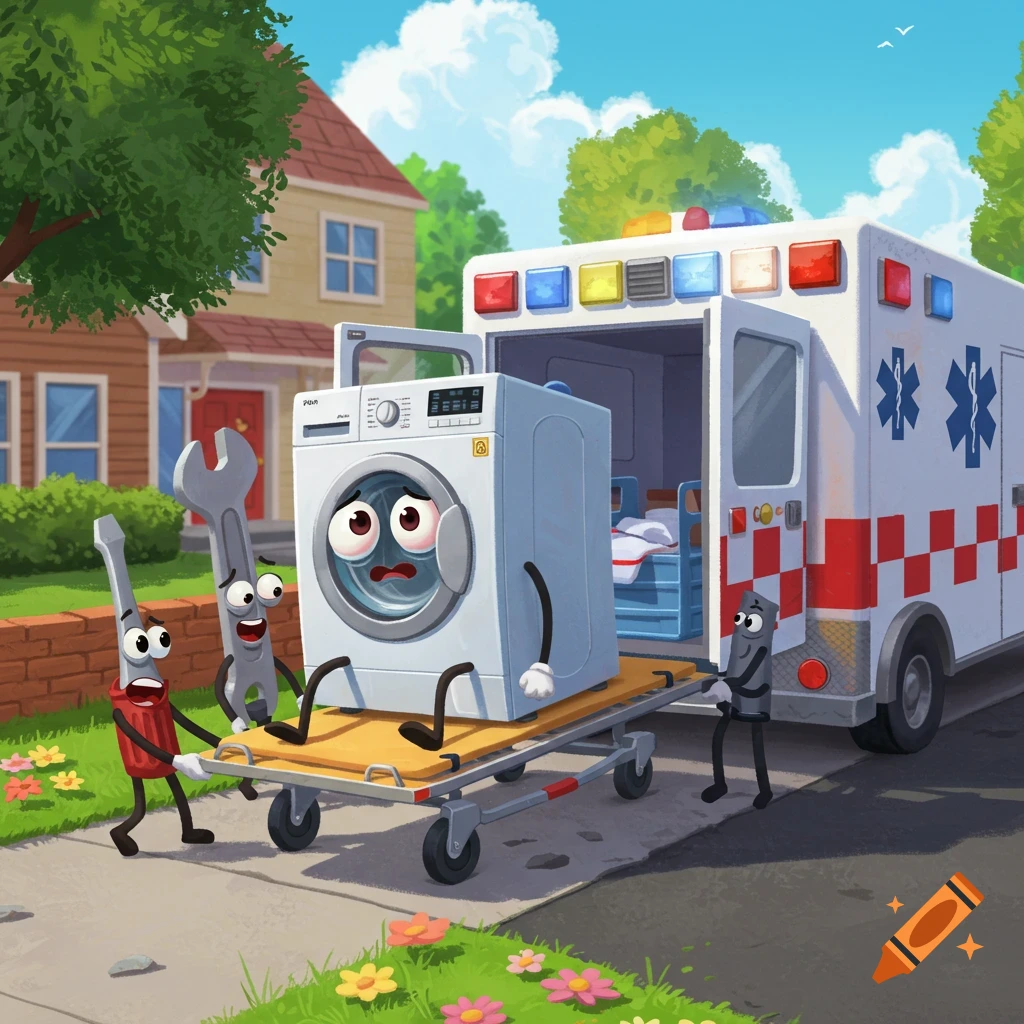 A cartoon washing machine with a sad face is loaded onto a stretcher by a screwdriver and a wrench, being put into an ambulance.