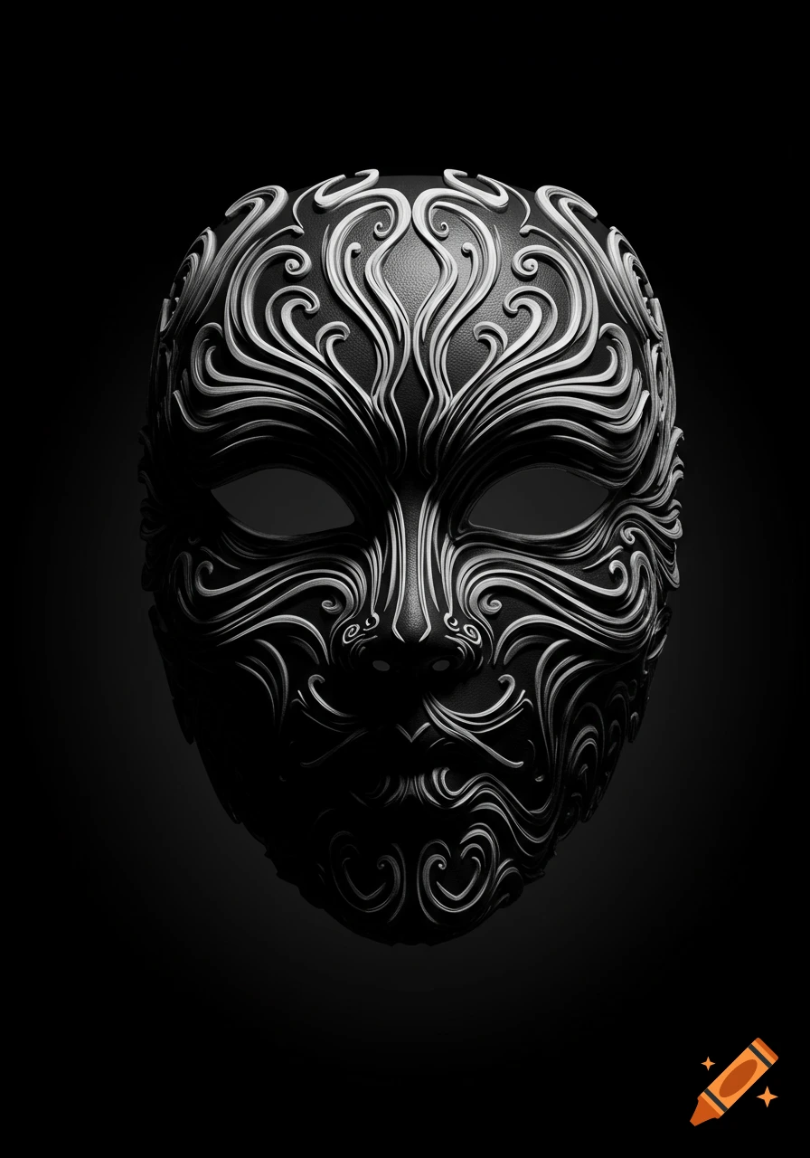 A dark, ornate mask with intricate white swirling designs, dramatically lit against a black background.