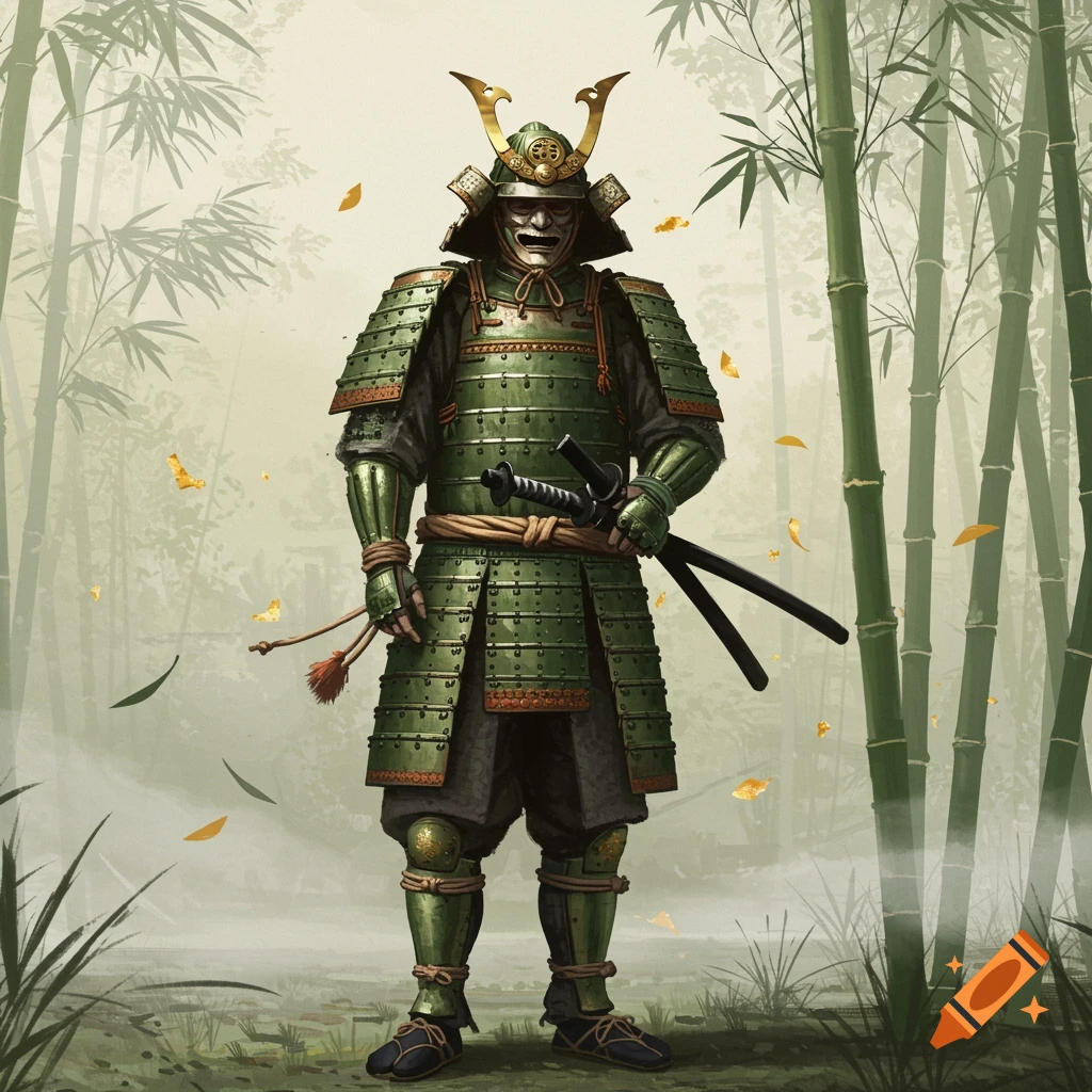 A samurai in green armor stands in a bamboo forest, holding two swords, in the style of a Japanese painted scroll.