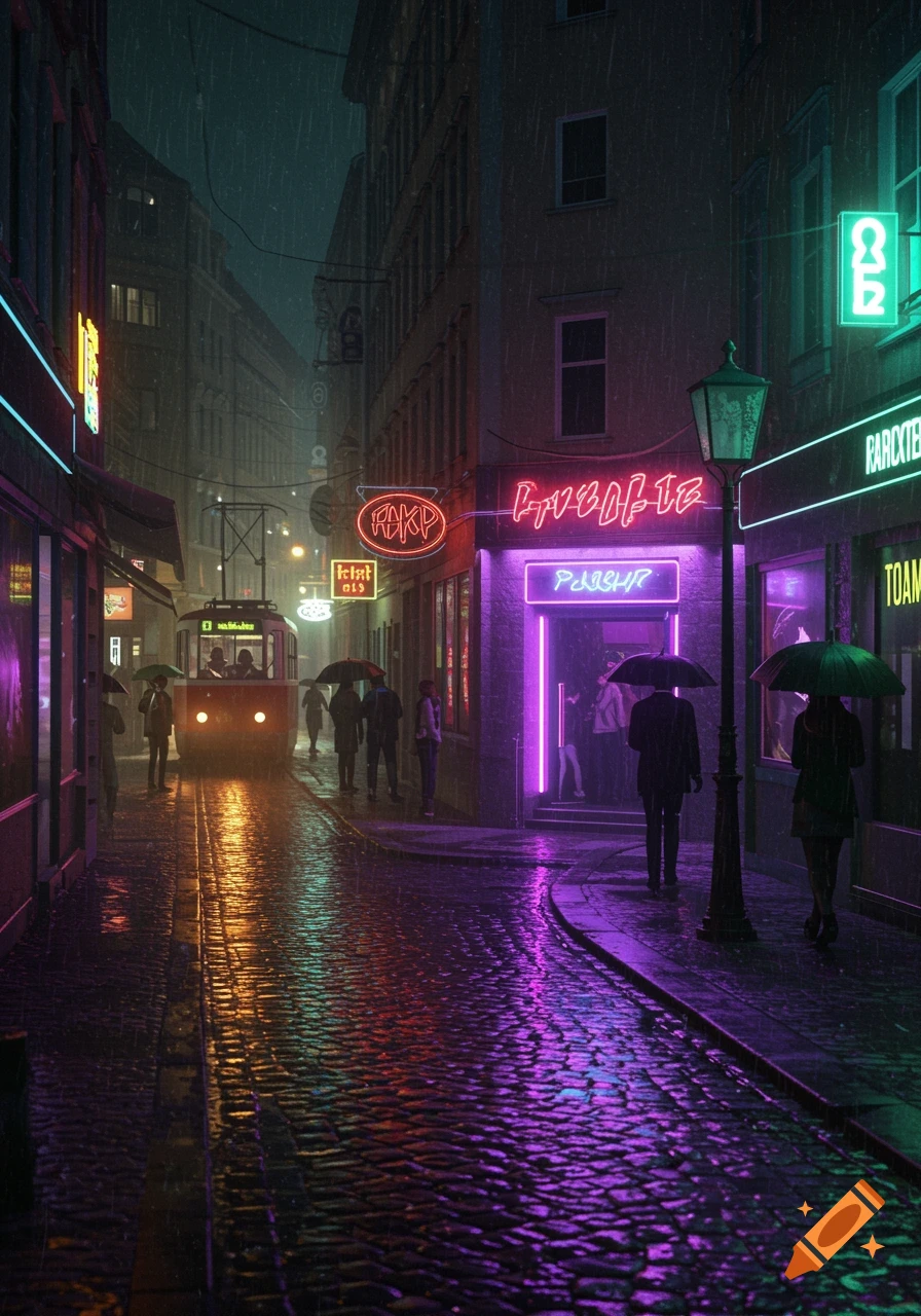 A dark, rainy city street at night, illuminated by vibrant neon signs and reflections on the wet cobblestones. A tram approaches in the distance, and people walk with umbrellas, giving a cyberpunk or neon noir aesthetic.