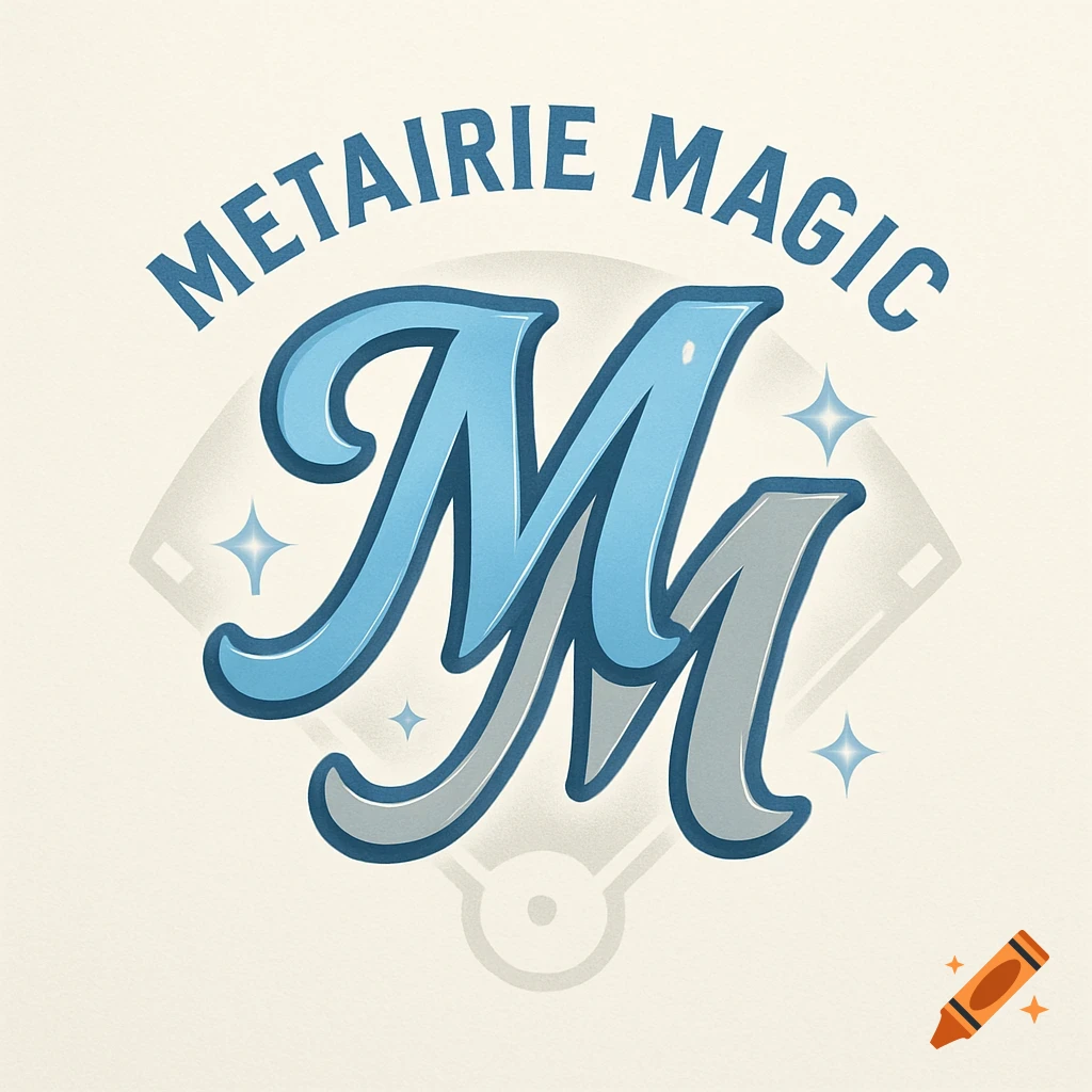 A logo featuring 'METAIRIE MAGIC' text above two stylized 'M' letters, one blue and one gray, with a faint baseball diamond and stars.