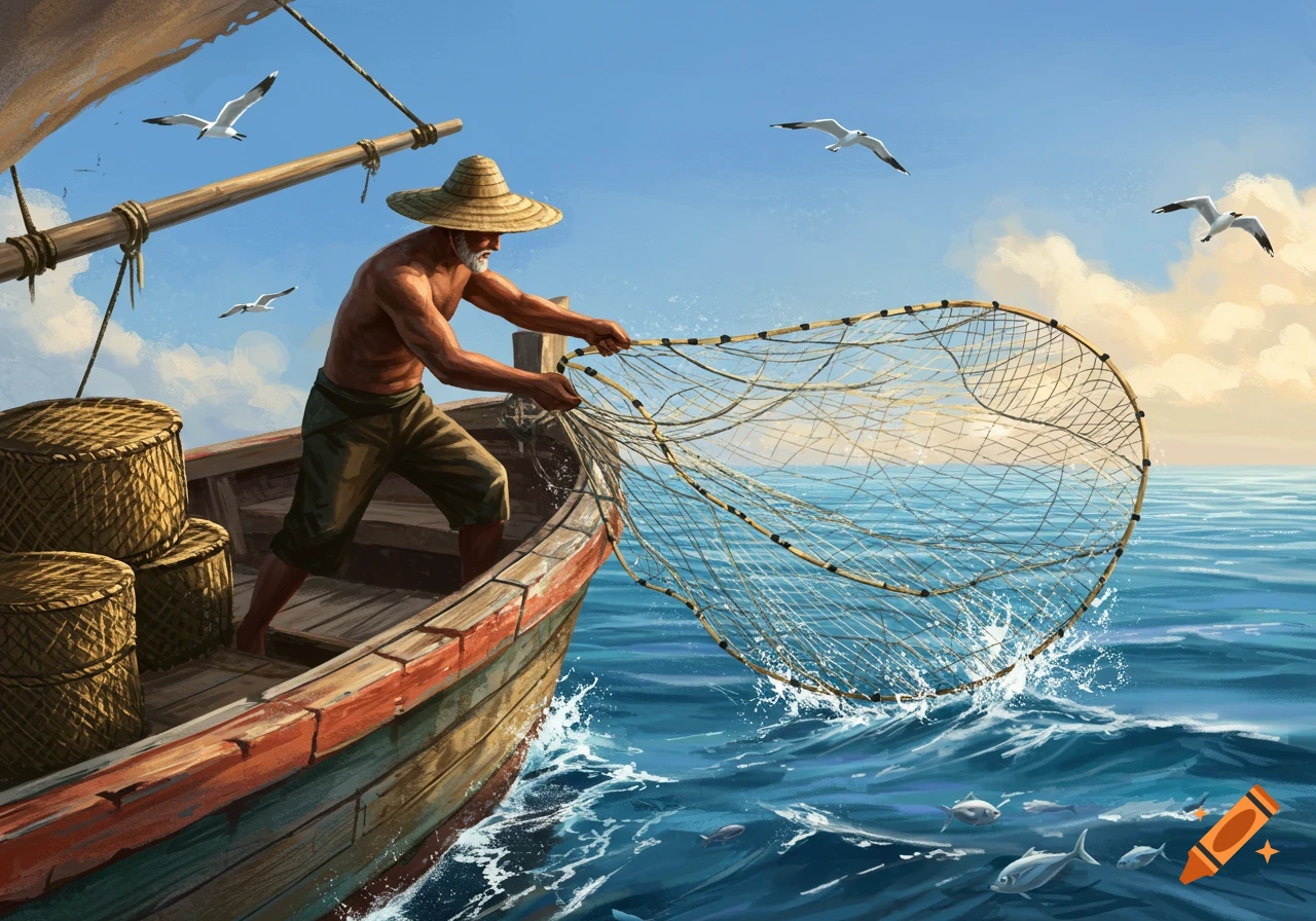 An old fisherman in a straw hat casts a large net from a wooden boat into the blue sea with seagulls flying overhead, digital illustration.