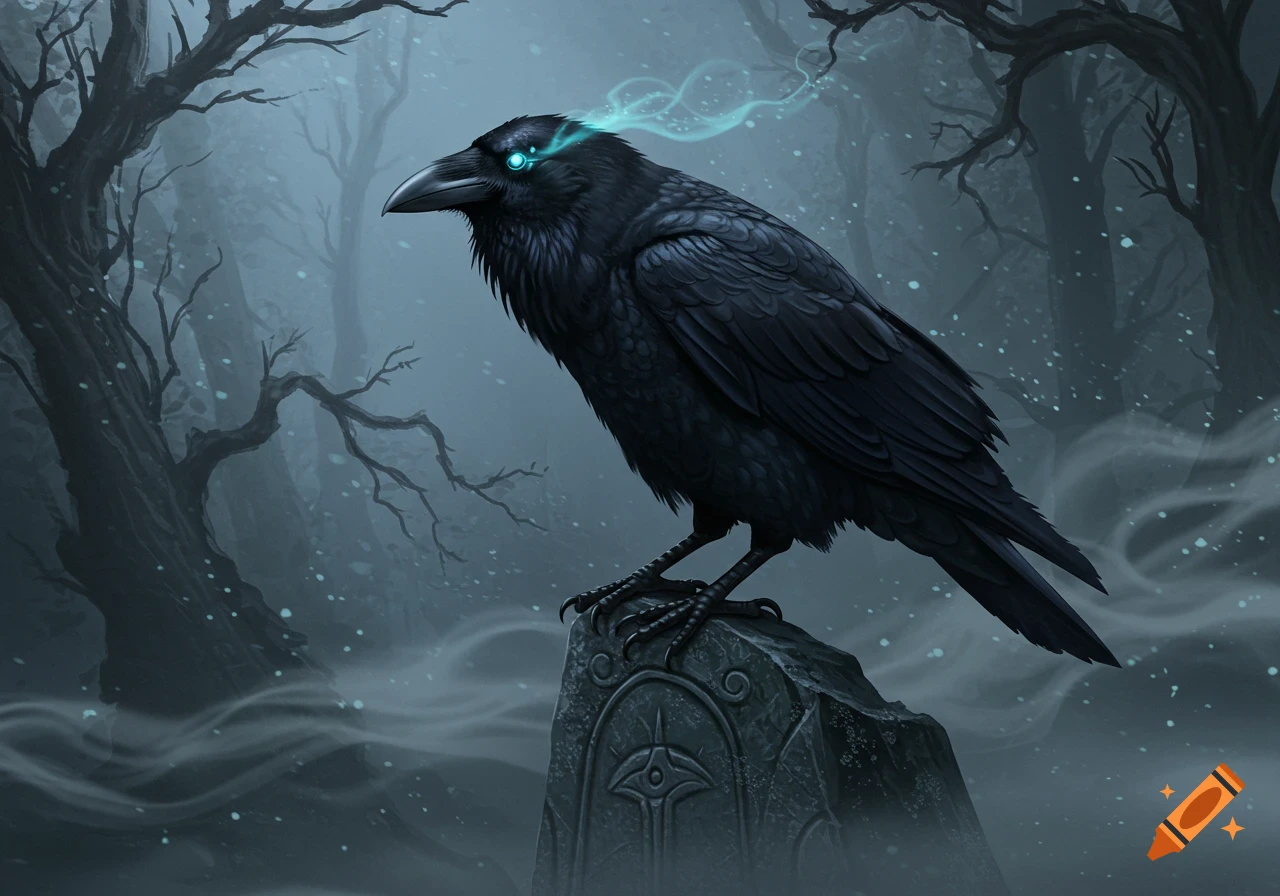 A black raven with glowing blue eyes and mystical wisps above its head perches on a stone with an emblem in a dark, misty forest.