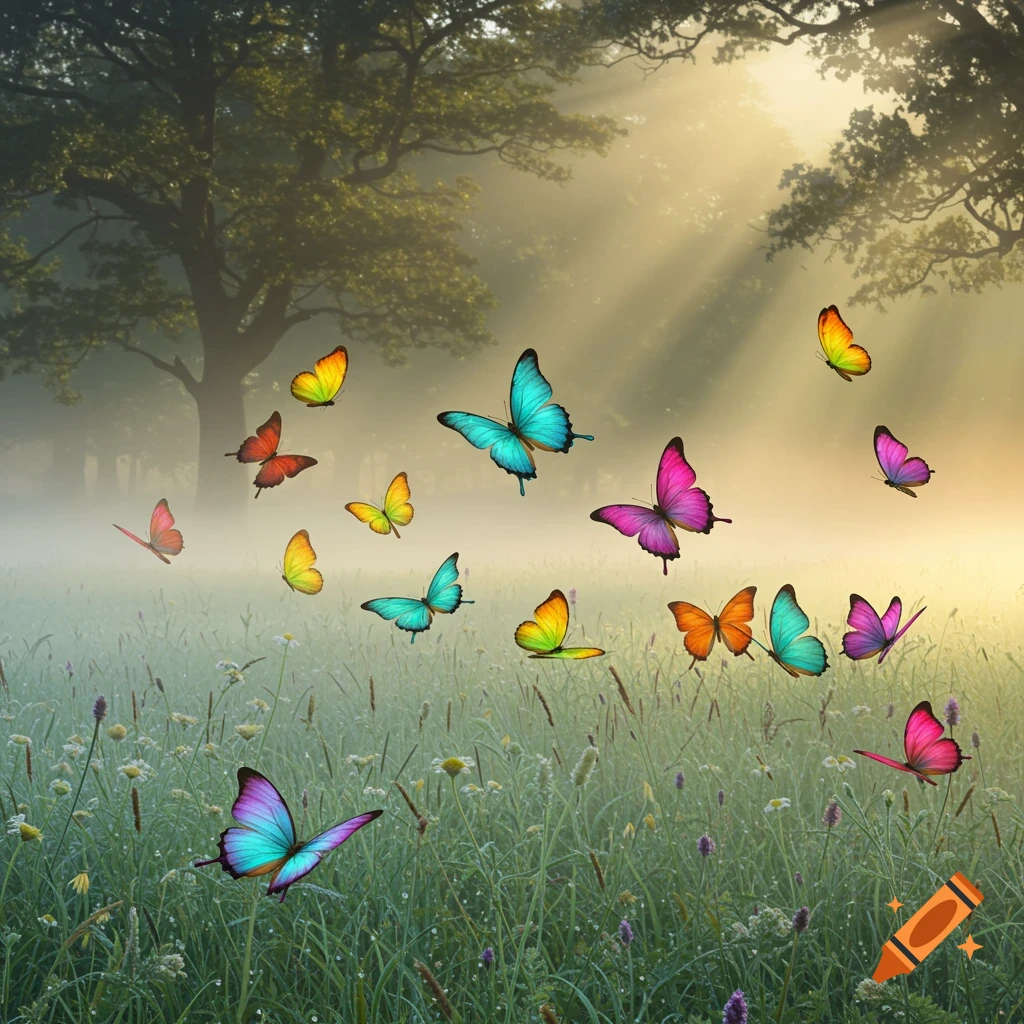 Colorful butterflies fluttering in a misty, sunlit meadow with trees in the background.