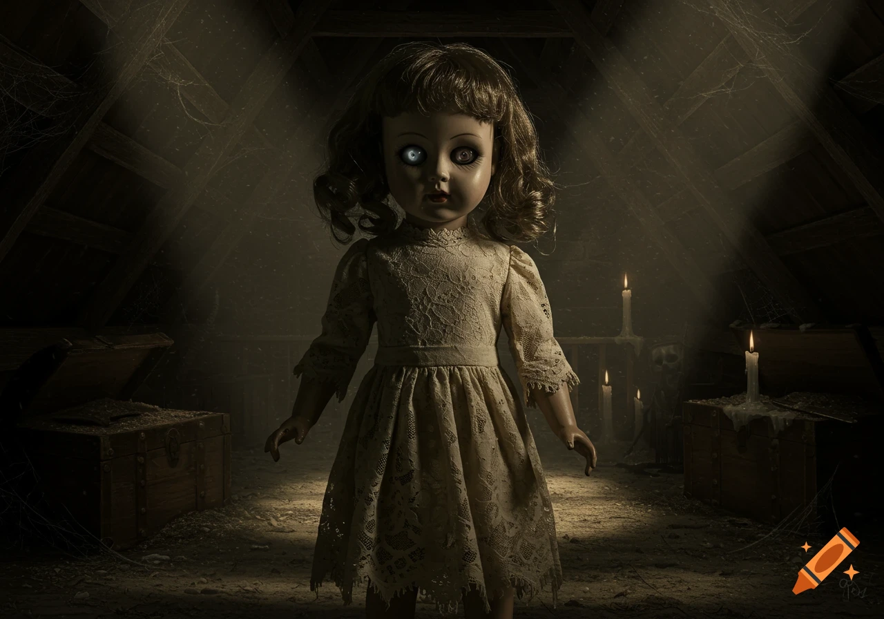 A creepy old doll with a glowing eye and a lace dress stands in a dimly lit, dusty attic with cobwebs, lit by candles.