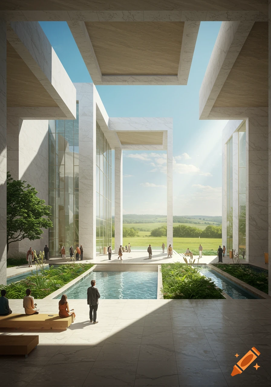 A grand, modern white marble building with open courtyards, a pool, and plants, under a blue sky overlooking a green landscape, with people.