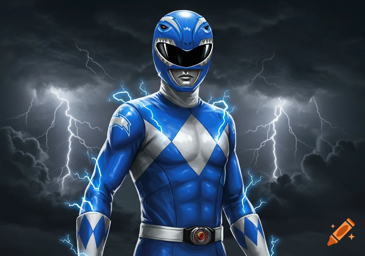 A blue Power Ranger stands in a stormy, lightning-filled background. The Ranger wears a detailed blue and white suit with lightning bolt emblems on the shoulders.
