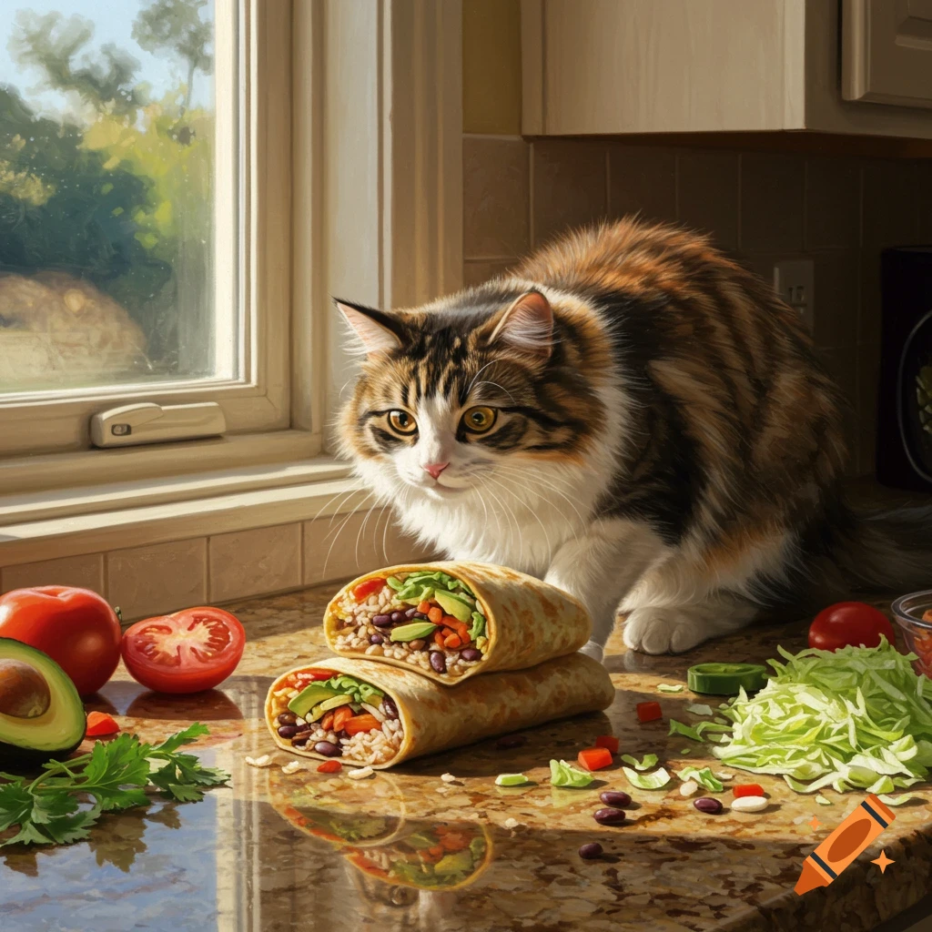 A fluffy tabby cat stands on a kitchen counter next to two burritos and fresh ingredients like tomatoes and avocado.