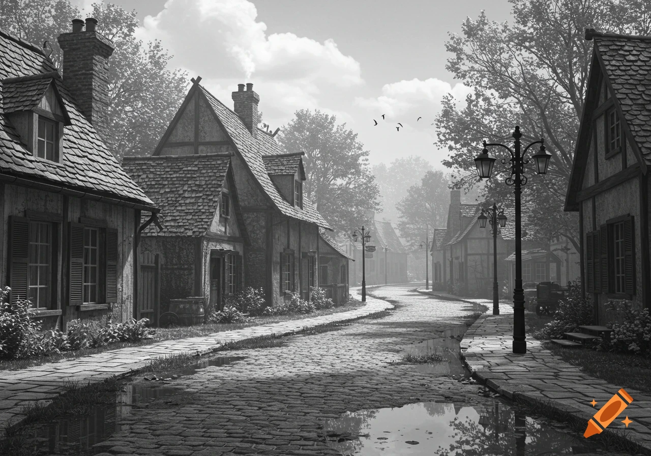 A black and white cobblestone village street with timber-framed houses, lush trees, and streetlights under a cloudy sky, with puddles reflecting the scene.