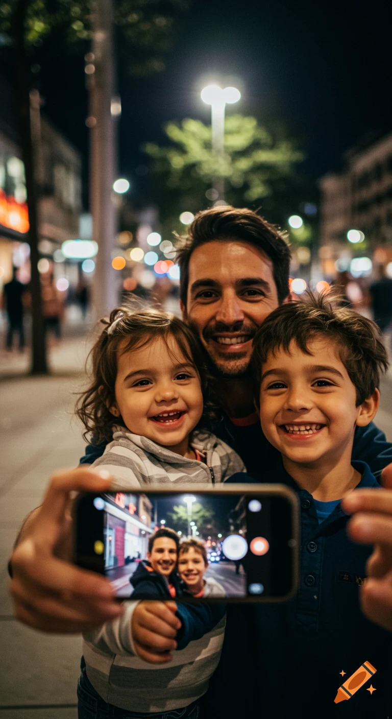 A father takes a selfie with his two young, smiling children on a city street at night, holding up a smartphone.