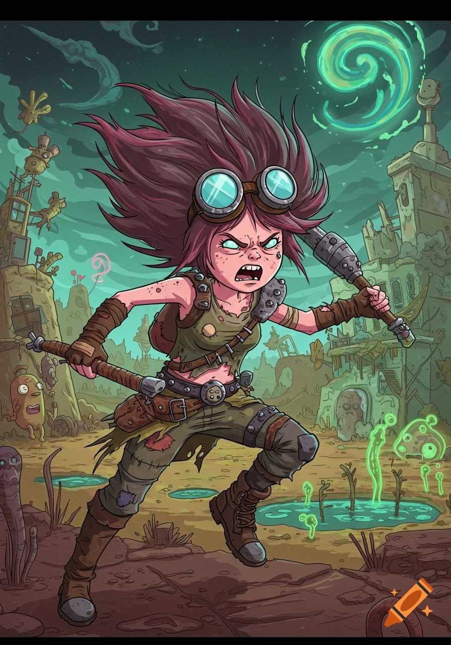 Red-haired raider girl with goggles and weapons runs through a surreal post-apocalyptic wasteland in Adventure Time style.