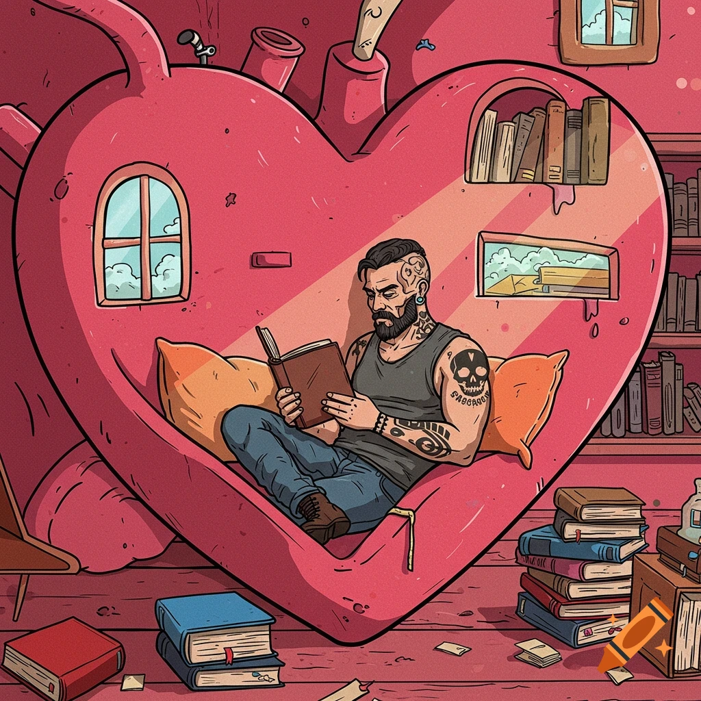 A tattooed man with a beard reads a book while sitting comfortably inside a giant, pink, cartoon heart-shaped room filled with books.