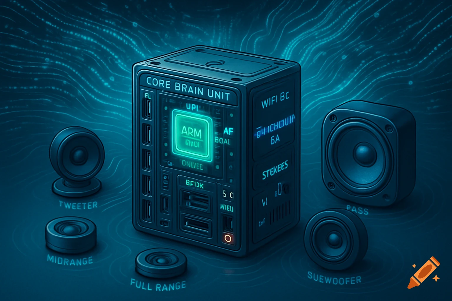 A central core brain unit device surrounded by various speaker modules, all glowing with blue light against a circuit board background.