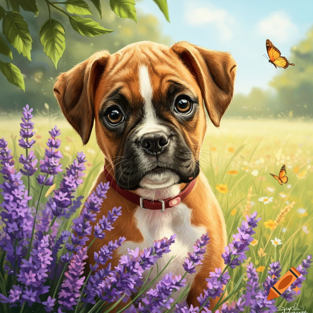 A cute boxer puppy with large, expressive eyes sits among purple lavender flowers in a sunny field with butterflies.