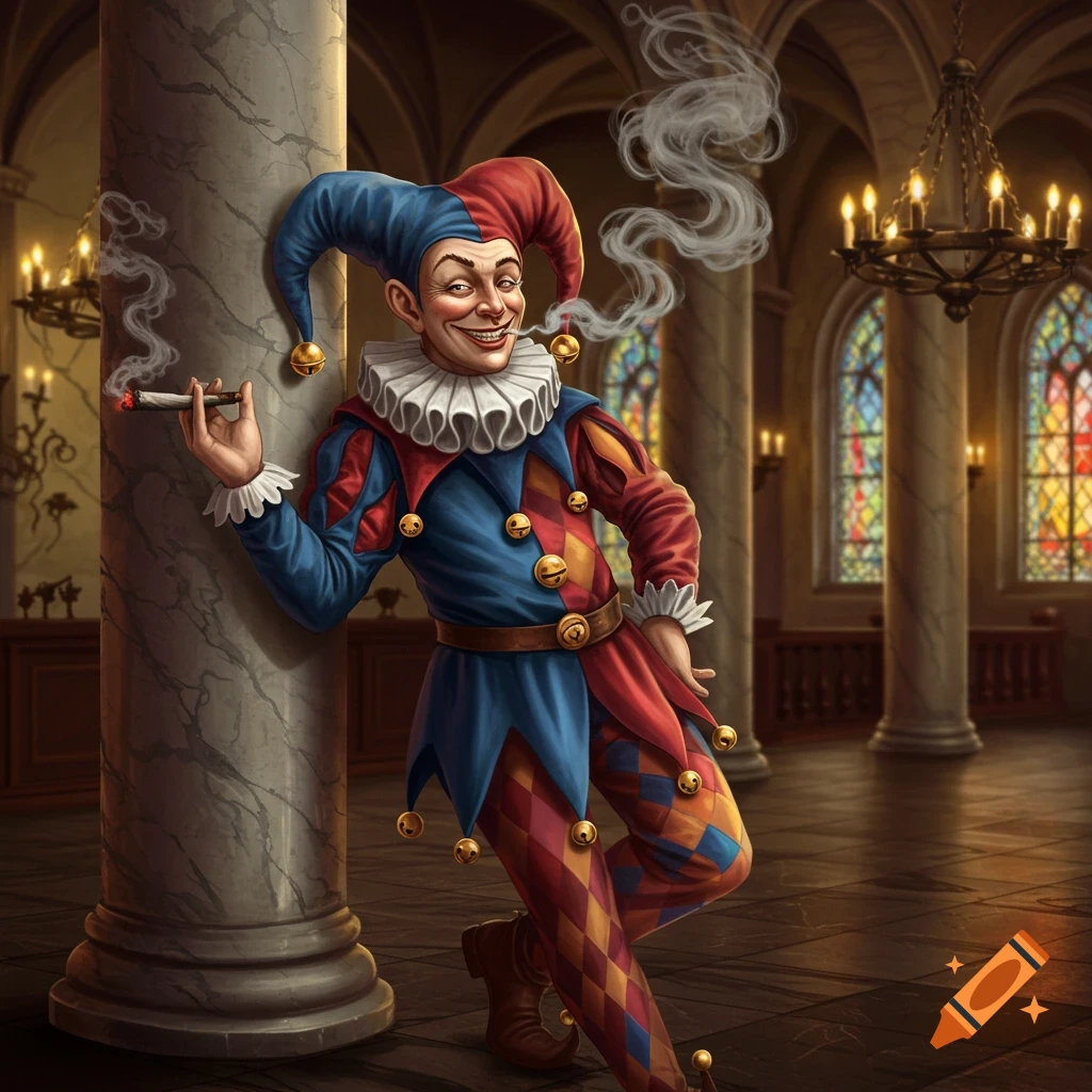 A mischievous court jester in a colorful outfit leans against a pillar, smoking, in a grand hall with stained glass windows.