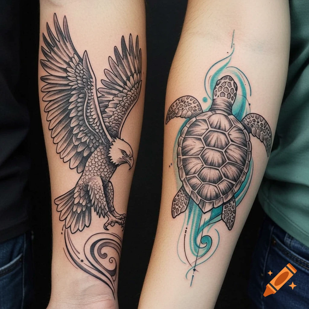 Two arms with detailed black and grey tattoos: an eagle in flight on one arm and a sea turtle with blue accents on the other.