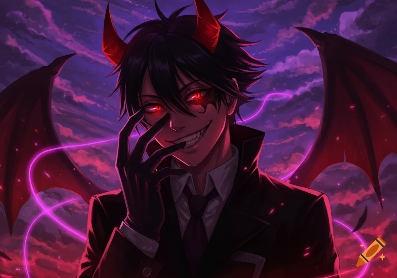 An anime demon with red glowing eyes, horns, and black wings, wearing a suit, smiling sinisterly against a purple and pink cloudy sky.